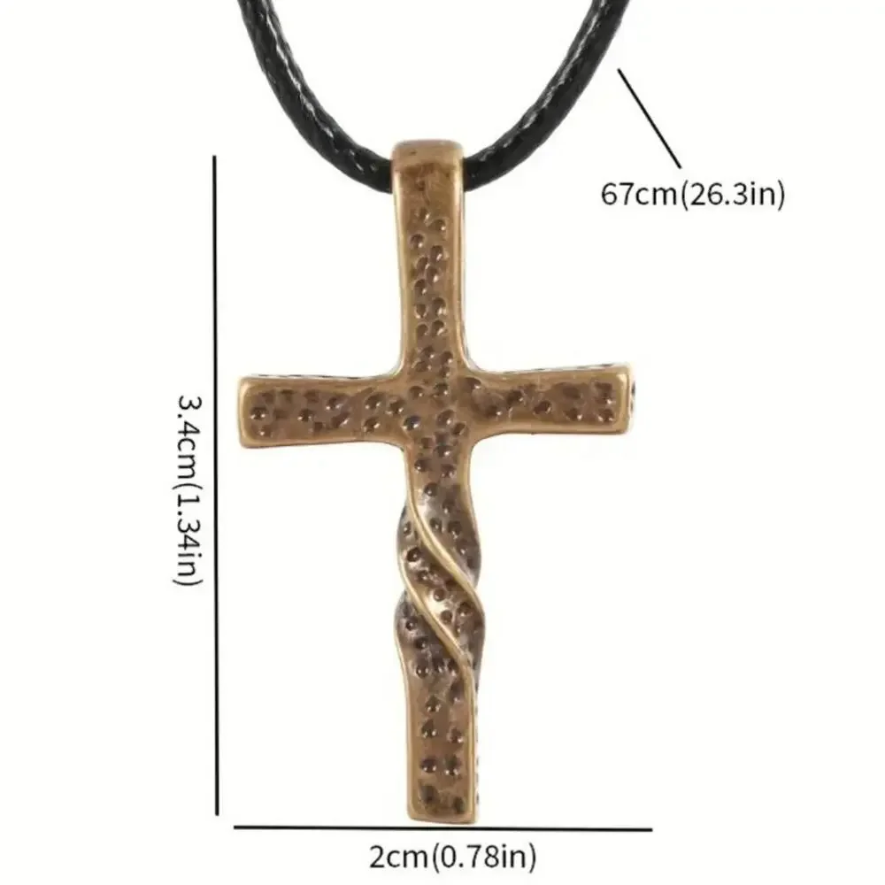 Textured Cross Pendant Necklace | Bronze Tone Twisted Cross on Black Cord